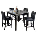 Dining Table Set Black for 4: Contemporary Square Faux Marble Top, Upholstered Vinyl Seats, Counter Height, 5-Piece Set
