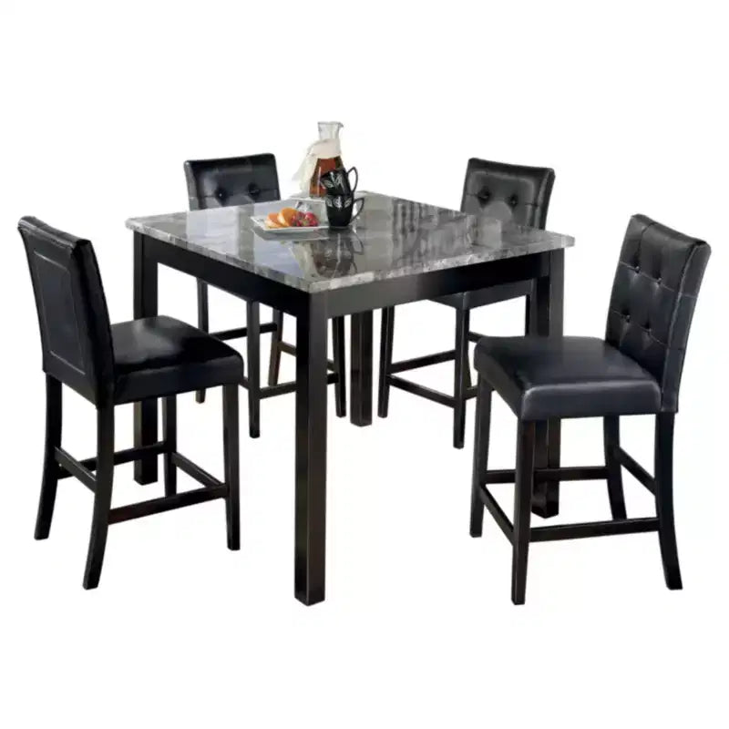 Dining Table Set Black for 4: Contemporary Square Faux Marble Top, Upholstered Vinyl Seats, Counter Height, 5-Piece Set