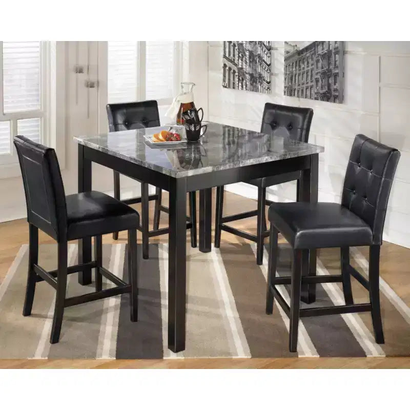 Set tavolo da pranzo nero per 4: Piano quadrato contemporaneo effetto marmo, sedili imbottiti in vinile, altezza bancone, set da 5 pezzi