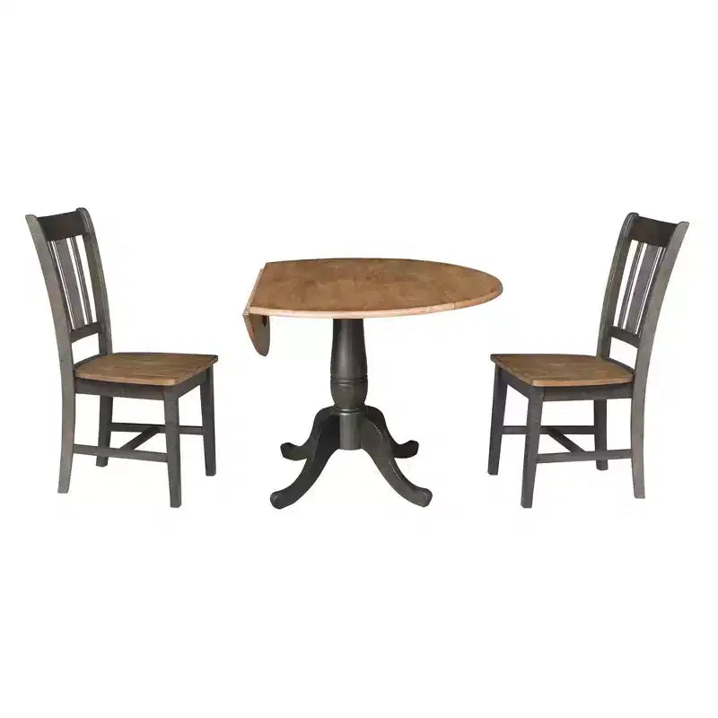 Tavolo da pranzo Jordan rotondo a 2 ante ribaltabili da 42" a 3 pezzi con 2 sedie con schienale a fascia Hickory/Washed Coal - International Concepts