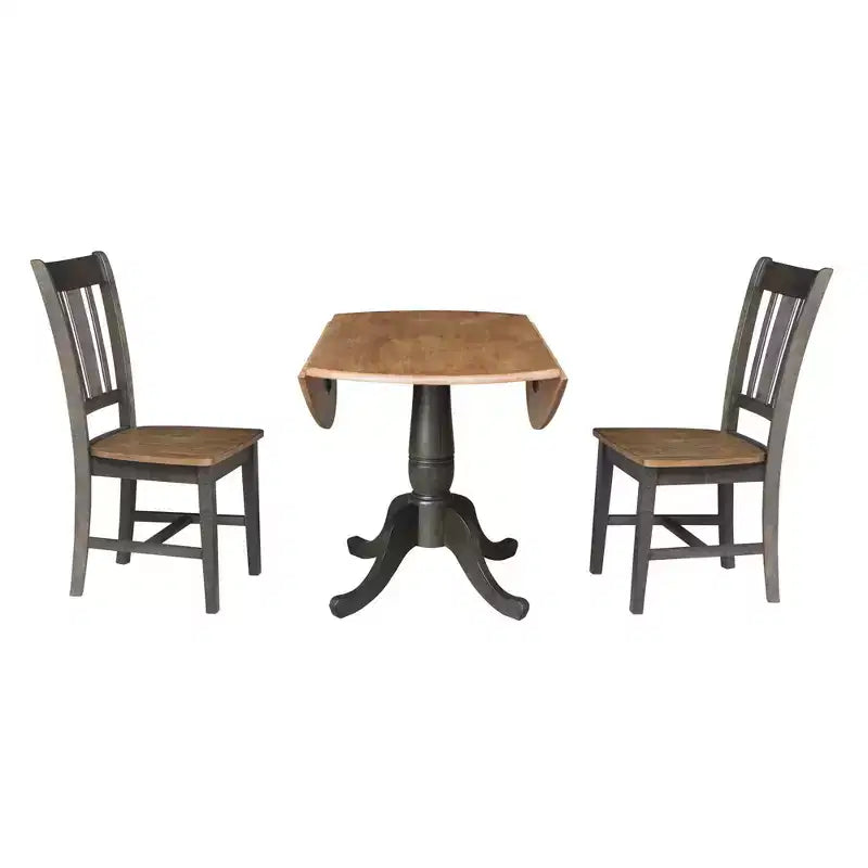 Tavolo da pranzo Jordan rotondo a 2 ante ribaltabili da 42" a 3 pezzi con 2 sedie con schienale a fascia Hickory/Washed Coal - International Concepts