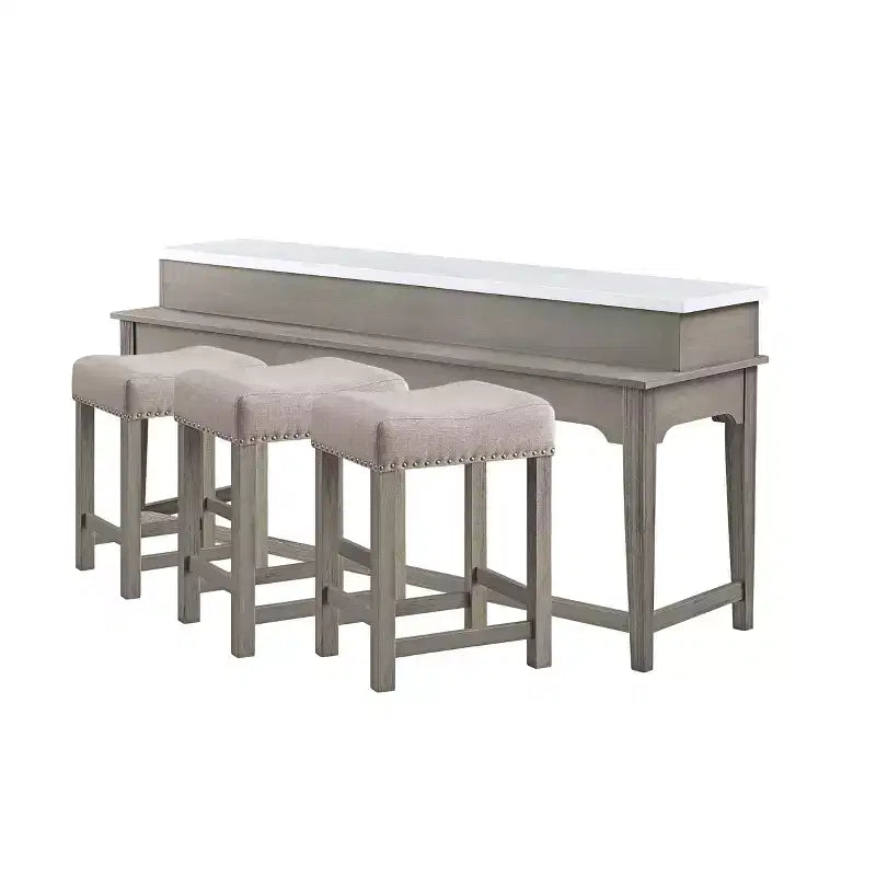Acme Furniture 76" Wandella Marble Top Dining Table Set with Storage and Nailhead Stools
