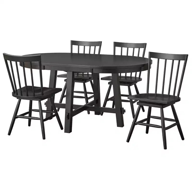 Lifestorey 5pc Aspen Farmhouse Extendable Dining Set with Solid Wood Swivel Chairs Matte Black