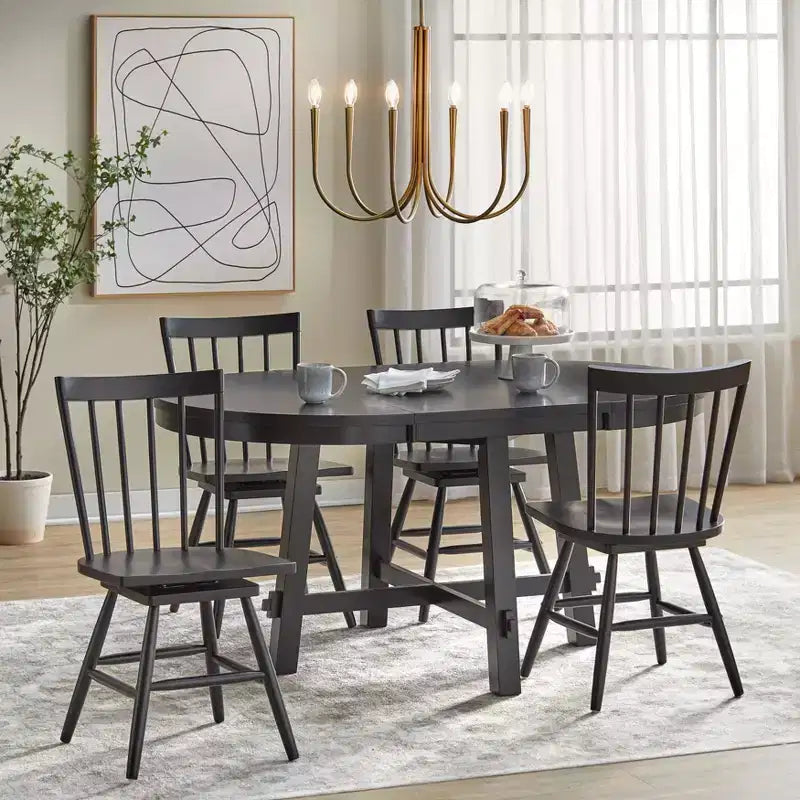Set da pranzo allungabile Lifestorey 5 pezzi Aspen Farmhouse con sedie girevoli in legno massello nero opaco
