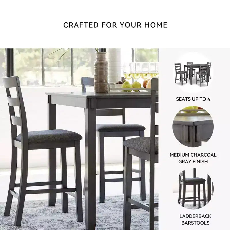 Set da 5 tavolo e sgabelli da bar Bridson, altezza bancone, grigio - Signature Design by Ashley: Finitura opaca transizionale, sedili imbottiti