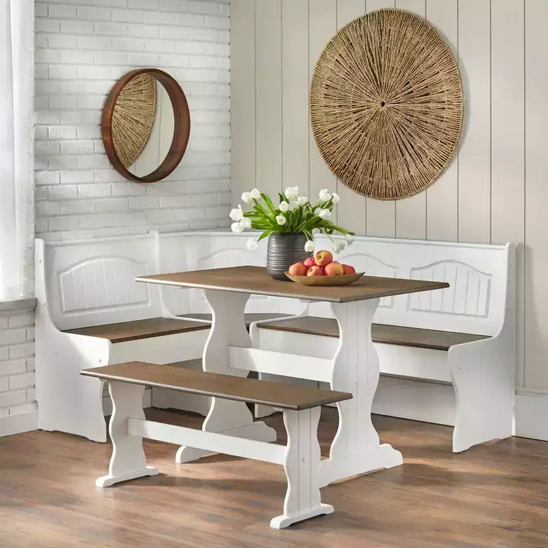 Set pranzo per due posti ad angolo Washington Farmhouse Buylateral 3 pz in legno massello, bianco/noce scuro: A L, pino massello, panca contenitore