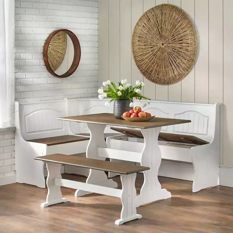 Set pranzo per due posti ad angolo Washington Farmhouse Buylateral 3 pz in legno massello, bianco/noce scuro: A L, pino massello, panca contenitore