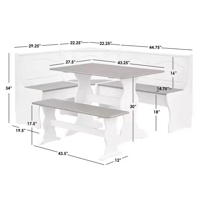 Set pranzo per due posti ad angolo Washington Farmhouse Buylateral 3 pz in legno massello, bianco/noce scuro: A L, pino massello, panca contenitore