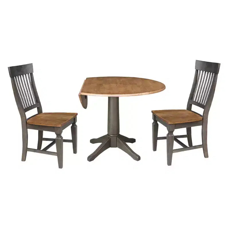 Tavolo da pranzo rotondo da 42" con doppia ribalta e 2 sedie con schienale a doghe in Hickory/Washed Coal - International Concepts