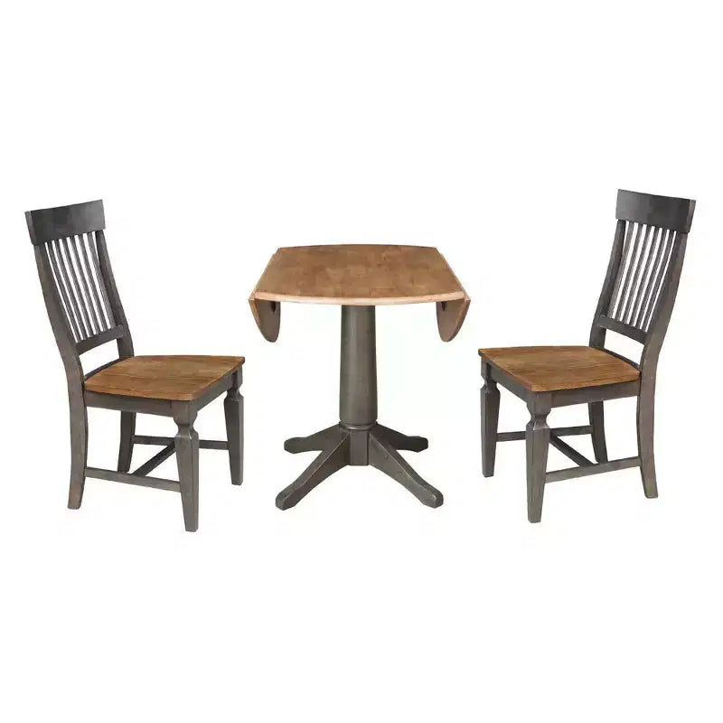 Tavolo da pranzo rotondo da 42" con doppia ribalta e 2 sedie con schienale a doghe in Hickory/Washed Coal - International Concepts