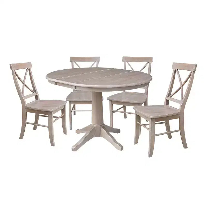 36" Karen Round Extendable Dining Table with 4 X Back Chairs Taupe: Solid Wood, Pedestal Base - International Concepts