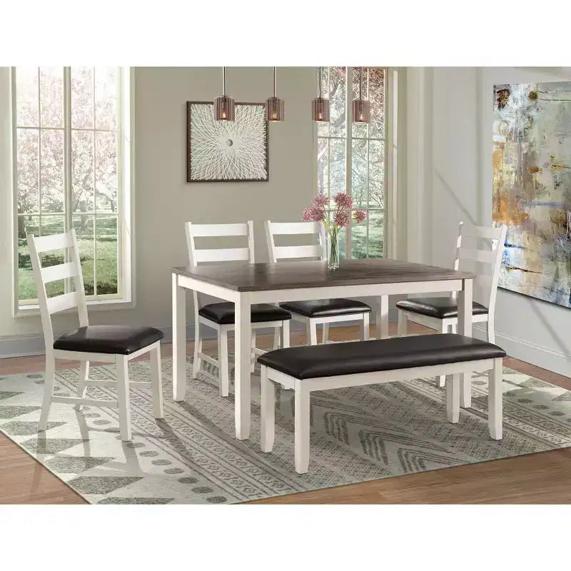 Set da pranzo 6 pz Kona Marrone - Picket House Furnishings: Sedie imbottite, Panca in legno, Tavolo rettangolare