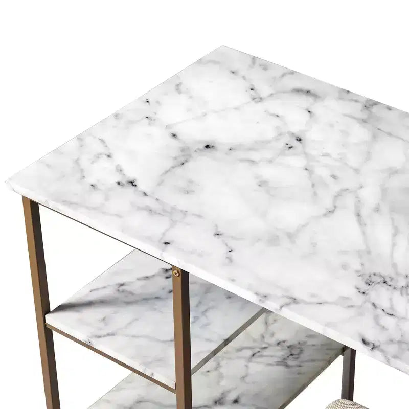 Teamson Home Marmo Set da pranzo con tavolo da colazione e piano effetto marmo in ottone: 3 pezzi, stile moderno, finitura laccata, sgabelli imbottiti
