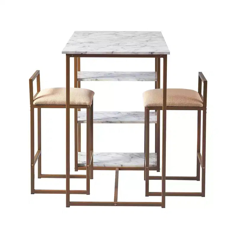 Teamson Home Marmo Set da pranzo con tavolo da colazione e piano effetto marmo in ottone: 3 pezzi, stile moderno, finitura laccata, sgabelli imbottiti