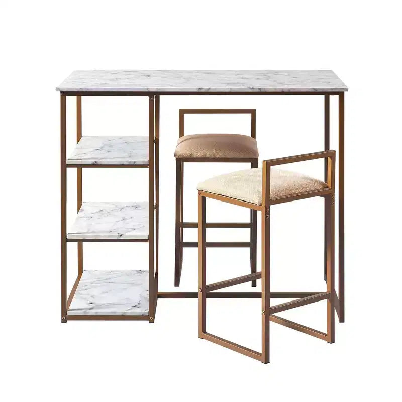 Teamson Home Marmo Set da pranzo con tavolo da colazione e piano effetto marmo in ottone: 3 pezzi, stile moderno, finitura laccata, sgabelli imbottiti