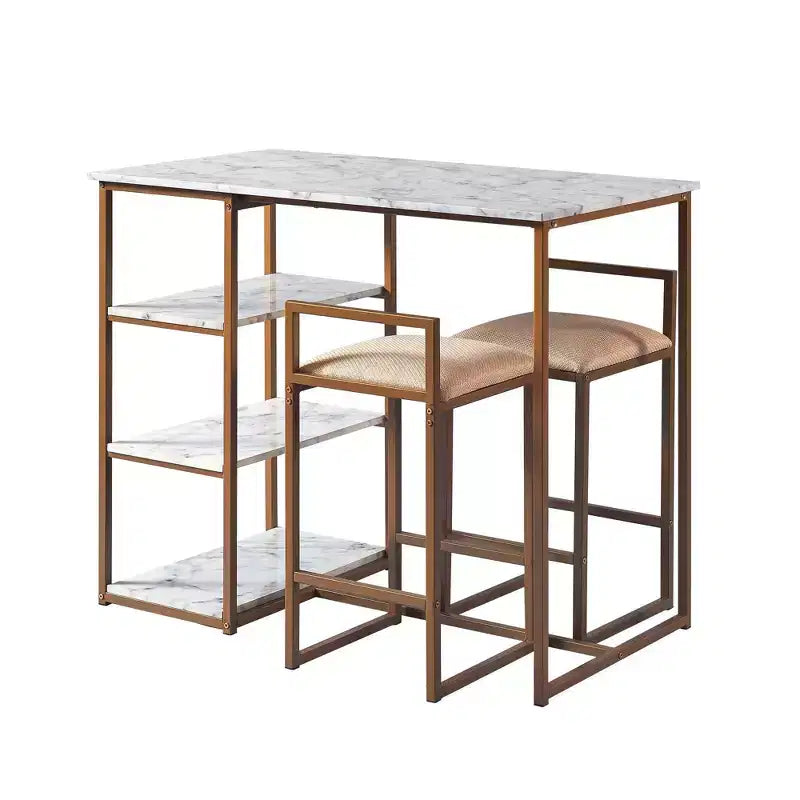 Teamson Home Marmo Set da pranzo con tavolo da colazione e piano effetto marmo in ottone: 3 pezzi, stile moderno, finitura laccata, sgabelli imbottiti