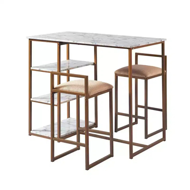 Teamson Home Marmo Set da pranzo con tavolo da colazione e piano effetto marmo in ottone: 3 pezzi, stile moderno, finitura laccata, sgabelli imbottiti