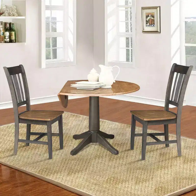 Tavolo da pranzo rotondo con doppia ribalta da 42" con 2 sedie con schienale a fascia - International Concepts: Compatto, Base a piedistallo