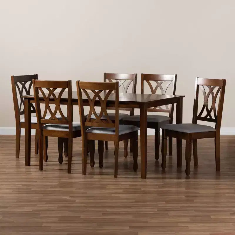 Set da pranzo 7 pezzi Augustine con rivestimento in tessuto grigio/noce - Baxton Studio: tavolo rettangolare moderno, 6 sedie senza braccioli