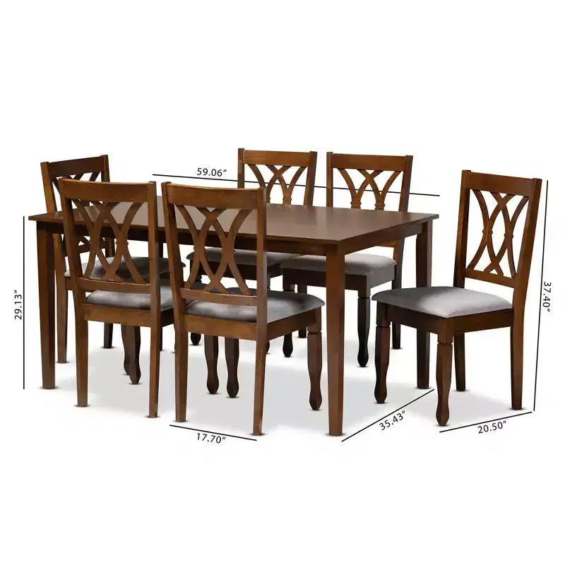 Set da pranzo 7 pezzi Augustine con rivestimento in tessuto grigio/noce - Baxton Studio: tavolo rettangolare moderno, 6 sedie senza braccioli