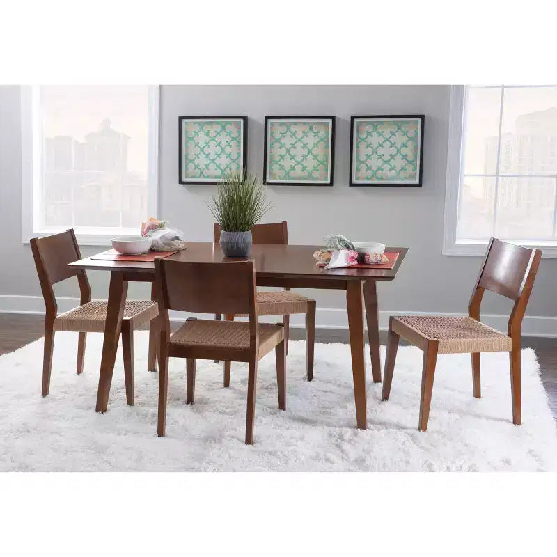 Set da pranzo Clara 5 pezzi con sedie e panca con seduta in corda marrone - Powell