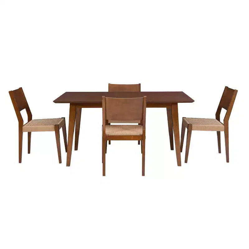Set da pranzo Clara 5 pezzi con sedie e panca con seduta in corda marrone - Powell