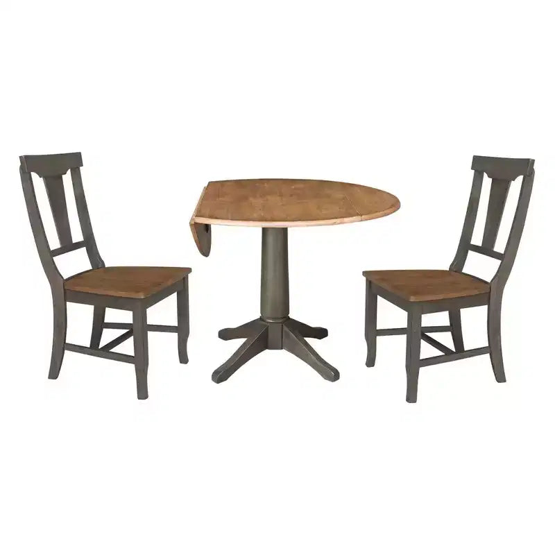 Tavolo da pranzo rotondo con 2 ante a ribalta da 42" con 2 sedie con schienale a pannello in Hickory/Antracite lavato - International Concepts