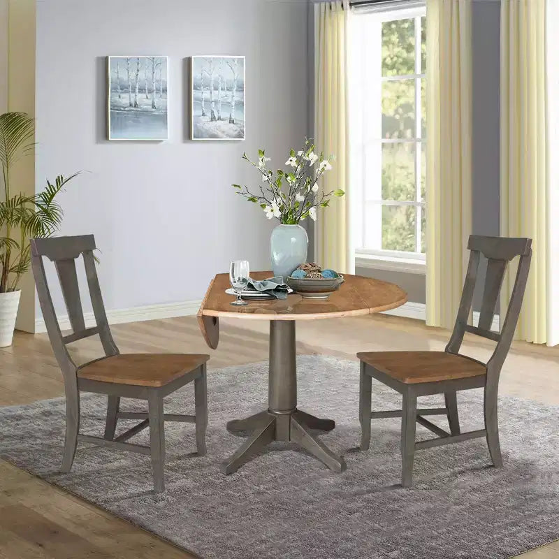 Tavolo da pranzo rotondo con 2 ante a ribalta da 42" con 2 sedie con schienale a pannello in Hickory/Antracite lavato - International Concepts
