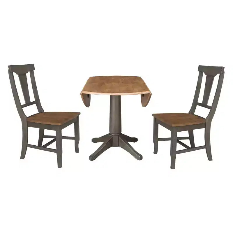 Tavolo da pranzo rotondo con 2 ante a ribalta da 42" con 2 sedie con schienale a pannello in Hickory/Antracite lavato - International Concepts