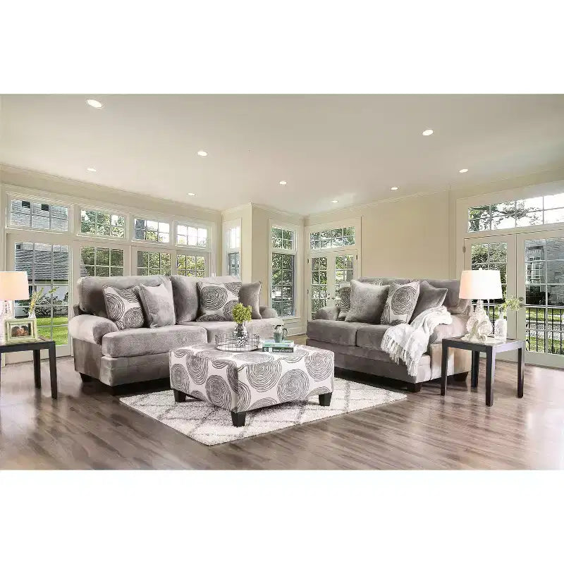 3pc Mauricio Microfiber Loveseat and Sofa Set with Accent Chair Set Gray/Pattern - Furniture Of America: Plush Upholstered, Transitional Style
