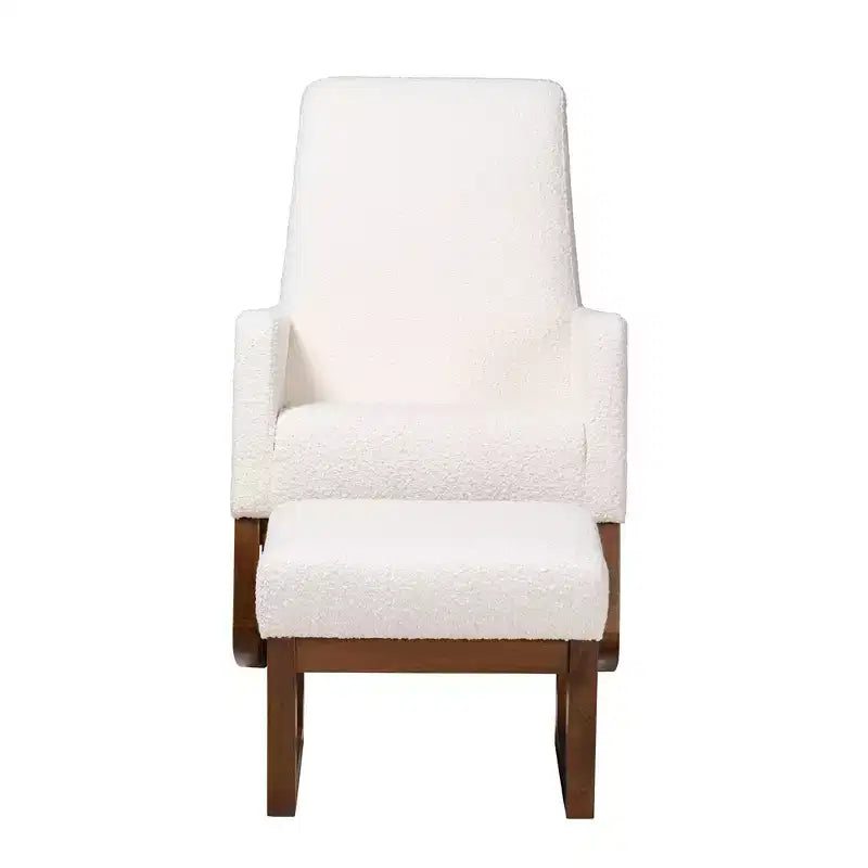 Set da 2 sedie a dondolo in bouclé e legno con ottomana Yashiya, bianco sporco/marrone noce - Baxton Studio