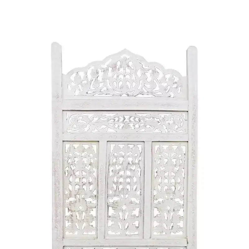 Divisorio/Paravento in Legno a 4 Pannelli Intagliato con Stile, Bianco Anticato