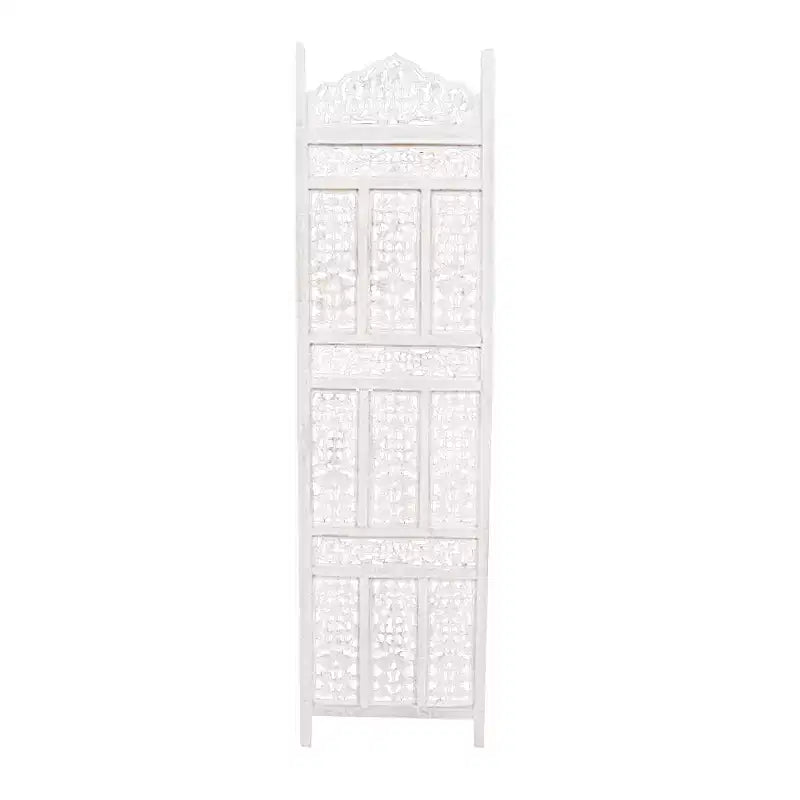 Aesthetically Carved 4 Panel Wooden Partition Screen/Room Divider Distressed White