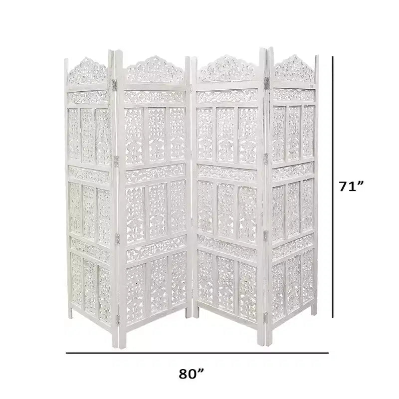 Aesthetically Carved 4 Panel Wooden Partition Screen/Room Divider Distressed White