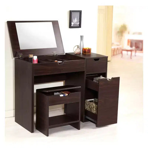 24/7 Shop At Home Lena Set Toilette 3 Cassetti Noce Scuro: Moderna Tocador & Tavolino Trucco con Specchio, Sgabello Contenitore
