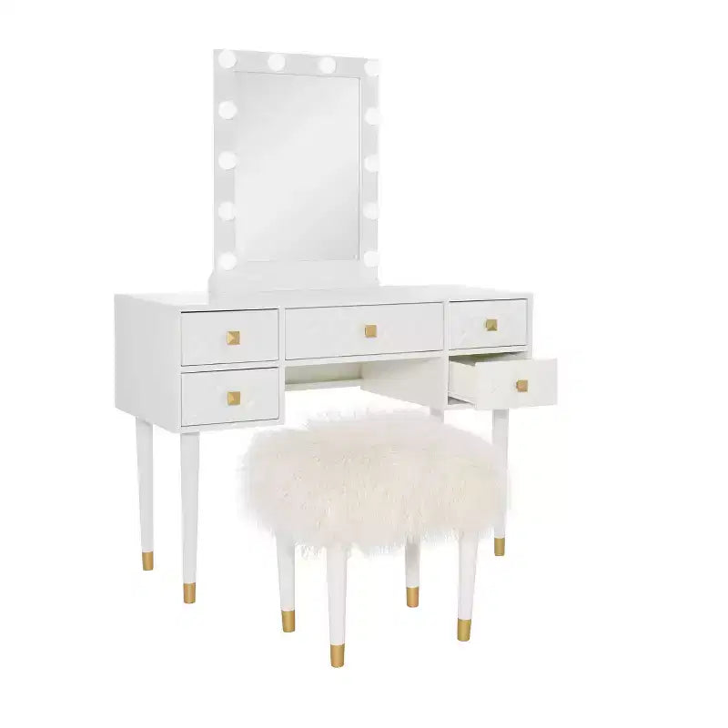 Set toeletta Geo in legno massello con 5 cassetti, specchio illuminato e sgabello - Linon: Stile Hollywood Glamour