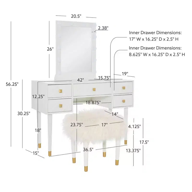 Set toeletta Geo in legno massello con 5 cassetti, specchio illuminato e sgabello - Linon: Stile Hollywood Glamour