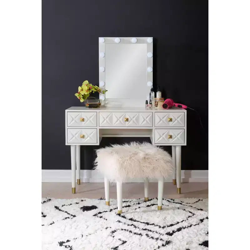 Set toeletta Geo in legno massello con 5 cassetti, specchio illuminato e sgabello - Linon: Stile Hollywood Glamour