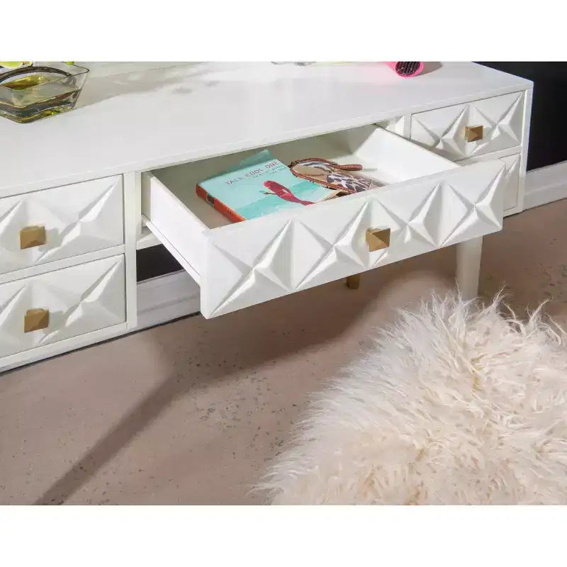 Set toeletta Geo in legno massello con 5 cassetti, specchio illuminato e sgabello - Linon: Stile Hollywood Glamour