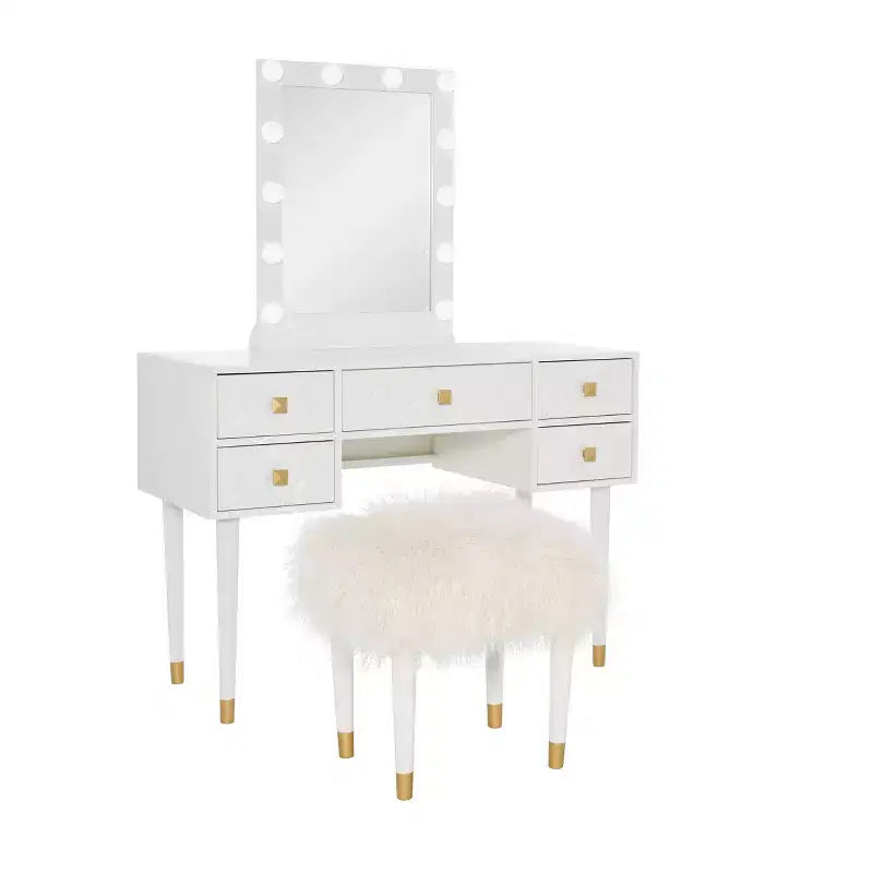 Set toeletta Geo in legno massello con 5 cassetti, specchio illuminato e sgabello - Linon: Stile Hollywood Glamour