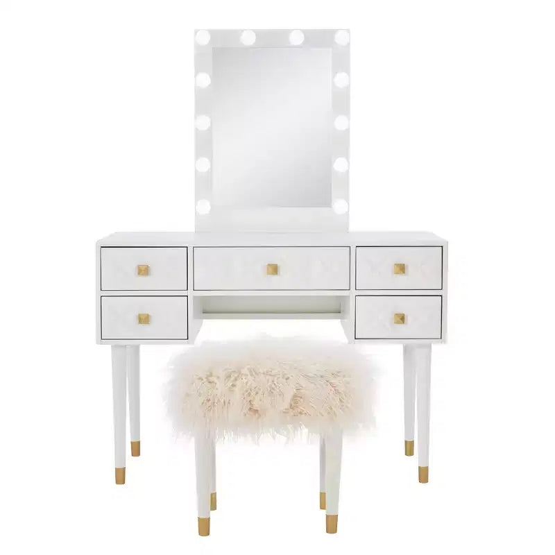 Set toeletta Geo in legno massello con 5 cassetti, specchio illuminato e sgabello - Linon: Stile Hollywood Glamour