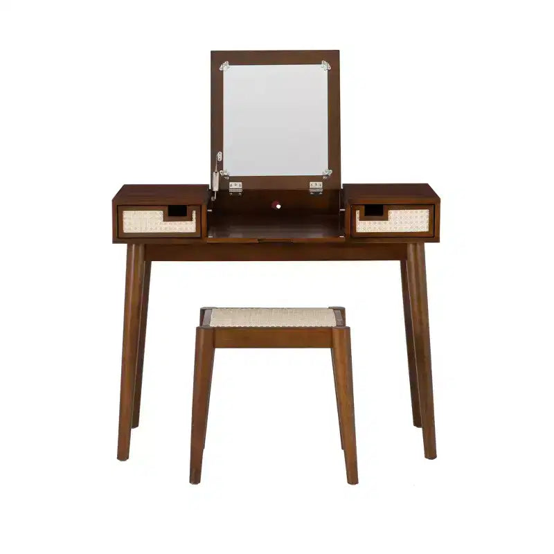 Linon Callie Solid Wood Vanity with Stool: Bohemian Design, Flip Mirror, Storage Space