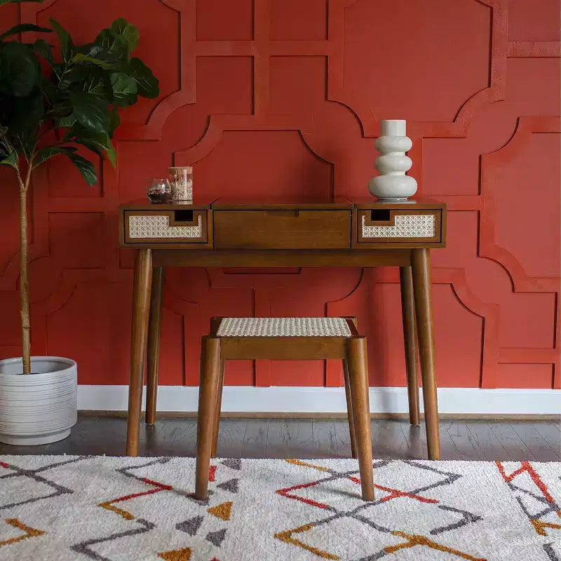 Linon Callie Toeletta in Legno Massello con Sgabello: Design Bohemien, Specchio Ribaltabile, Spazio Contenitore
