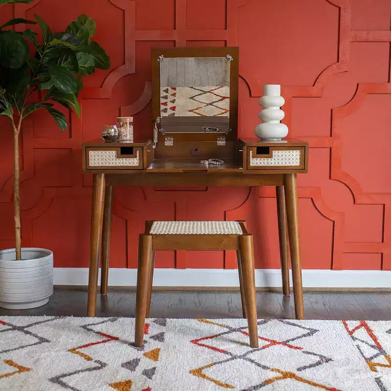 Linon Callie Toeletta in Legno Massello con Sgabello: Design Bohemien, Specchio Ribaltabile, Spazio Contenitore