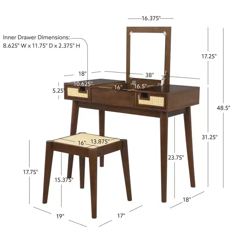 Linon Callie Toeletta in Legno Massello con Sgabello: Design Bohemien, Specchio Ribaltabile, Spazio Contenitore