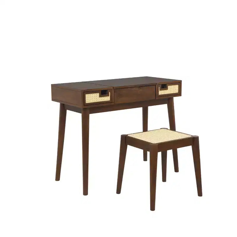 Linon Callie Toeletta in Legno Massello con Sgabello: Design Bohemien, Specchio Ribaltabile, Spazio Contenitore