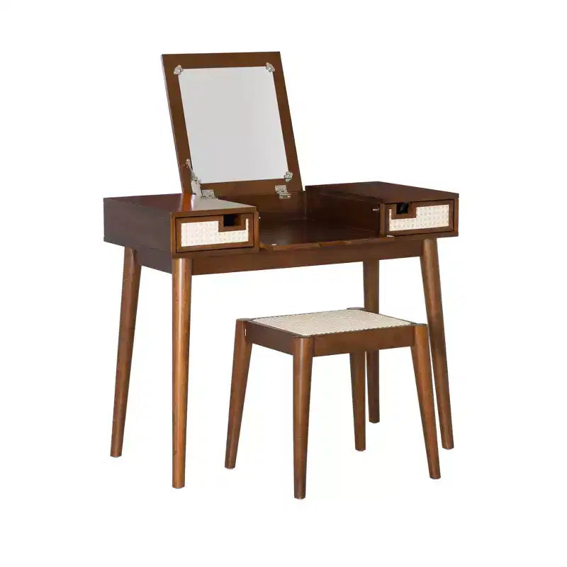 Linon Callie Toeletta in Legno Massello con Sgabello: Design Bohemien, Specchio Ribaltabile, Spazio Contenitore