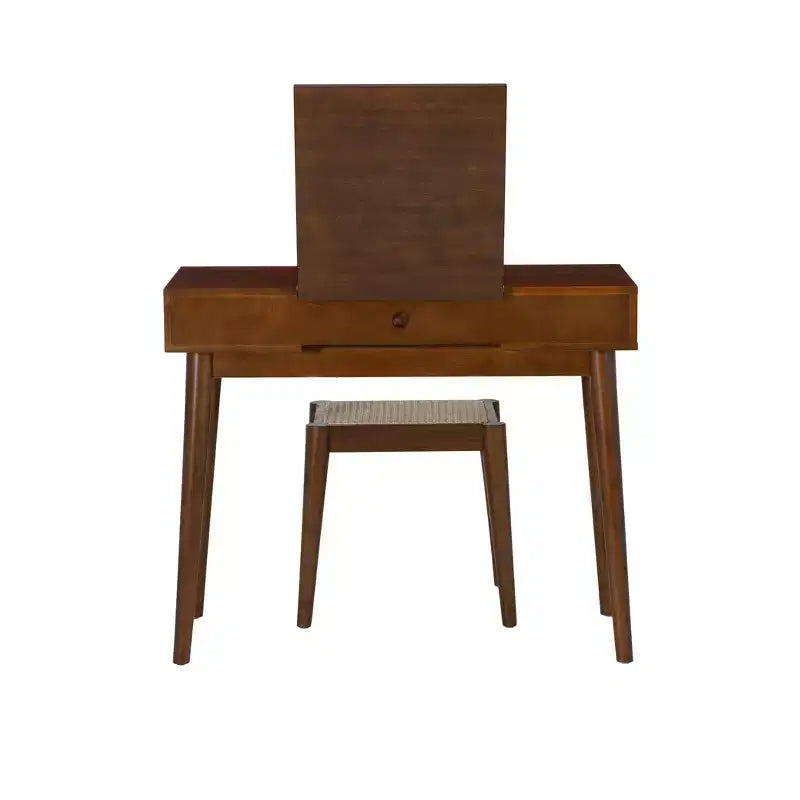 Linon Callie Toeletta in Legno Massello con Sgabello: Design Bohemien, Specchio Ribaltabile, Spazio Contenitore