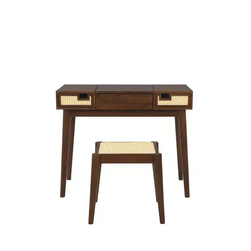 Linon Callie Toeletta in Legno Massello con Sgabello: Design Bohemien, Specchio Ribaltabile, Spazio Contenitore