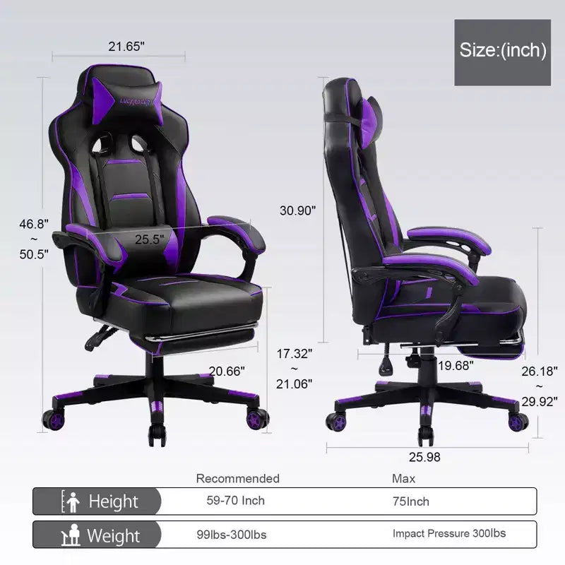 Sedia Gaming LUCKRACER con Poggiapiedi, Sedia da Scrivania con Schienale Alto, Sedia da Ufficio, Viola